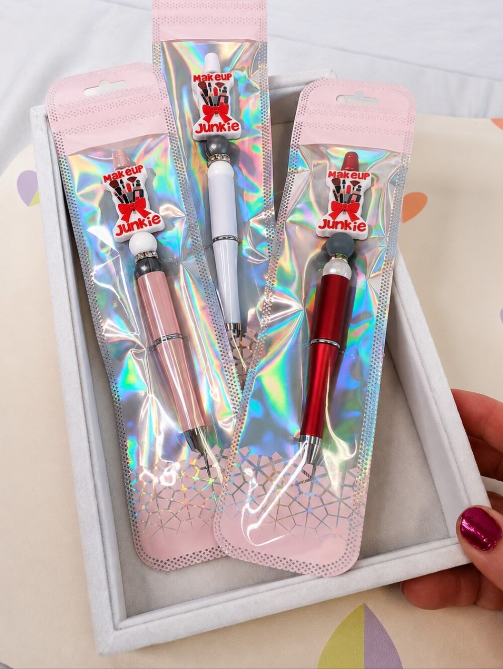 Makeup Junkie Beaded Charm Pens 3pc Set Novelty Office